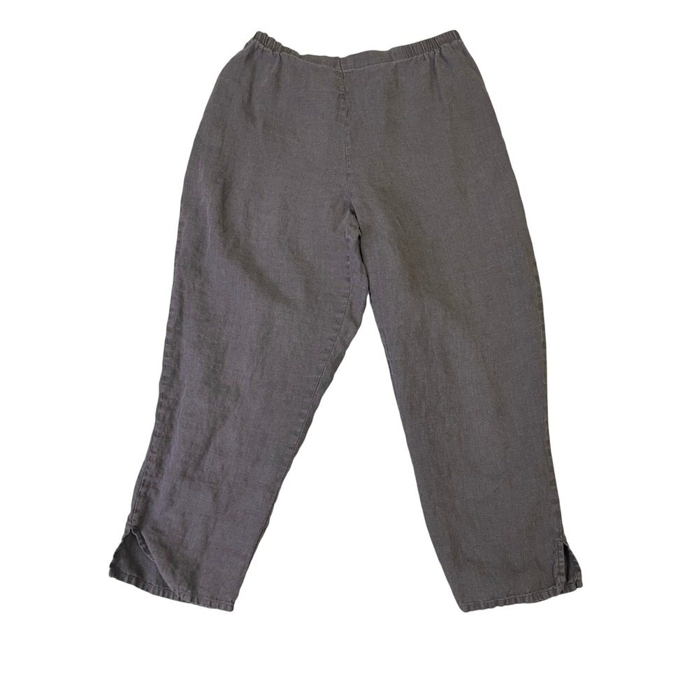 FLAX Linen Pants L Charcoal Grey Elastic Waist Crop Side Slit Trousers Beach